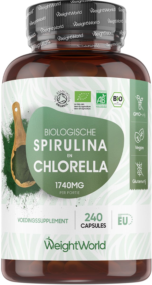 WeightWorld Biologische Spirulina en Chlorella capsules - 1740 mg - 100% puur poeder afkomstig uit algen - 240 capsules voor 2,5 maand voorraad