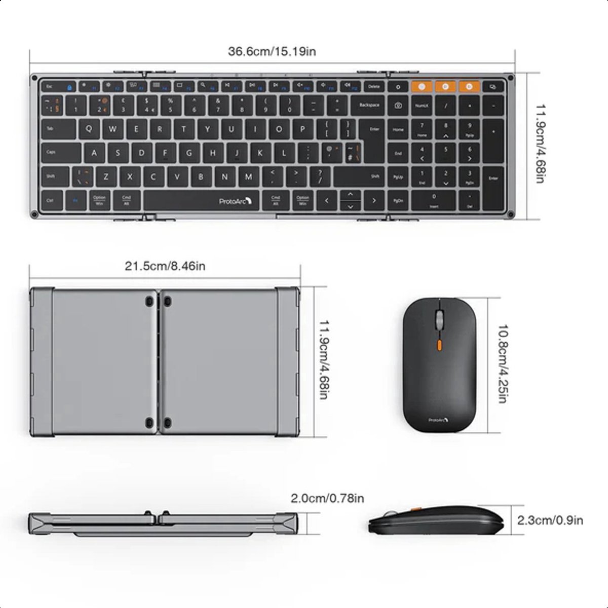 ProtoArc Opvouwbaar Bluetooth Toetsenbord en Muis - Space Grey thumbnail 6