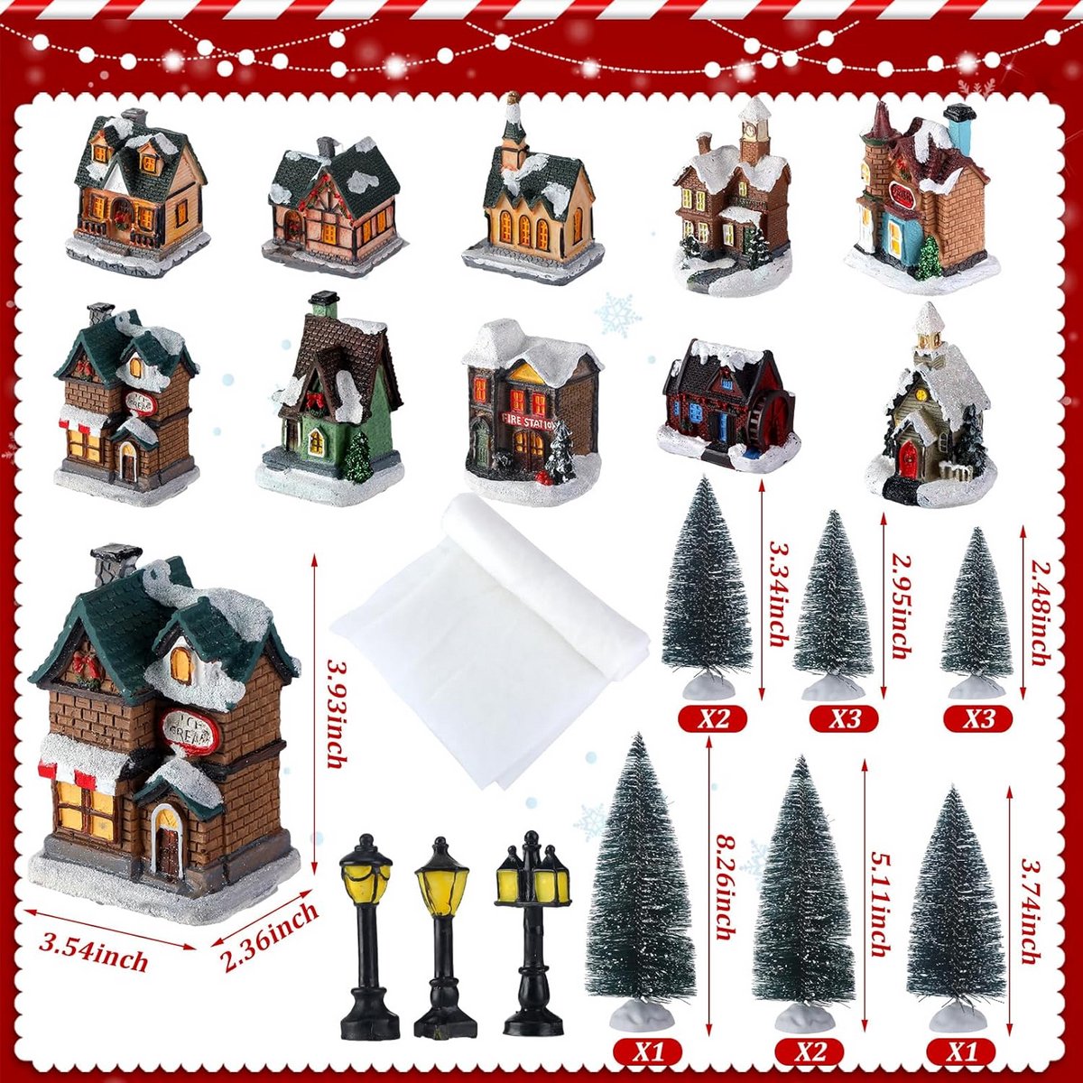 48 Delen Verlichte Kerstdorp Set: Miniatuur Huisjes, Kerstbomen en Sneeuwkleed voor DIY Kerstdecoratie – foto 8