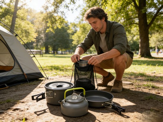 Camping Kookset - 9-delig - Pannenset campingkooksets - Camping servies - RVS aluminium - Caravan & Camper accessoires - Camping pan - voor buiten, picknicken, kamperen en wandelvakanties van Merkloos — afbeelding 4