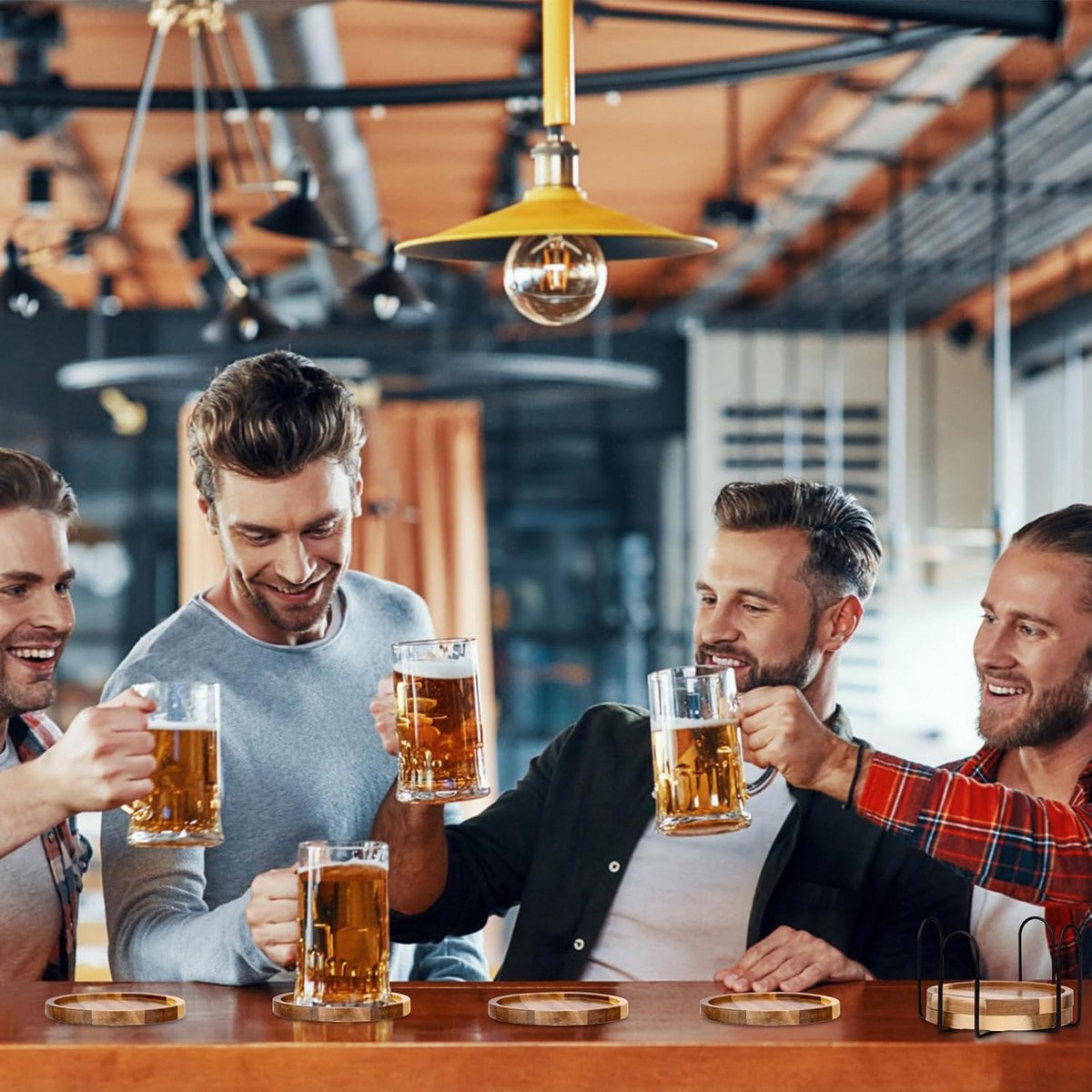 Set van 6 Houten Onderzetters met Houder – Acaciaboom voor Drankjes en Glazen