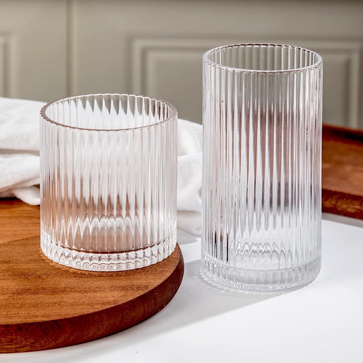 Set van 8 Geribbelde Drinkglazen - 12 oz en 10 oz Glazen Set voor Drankjes en Feesten