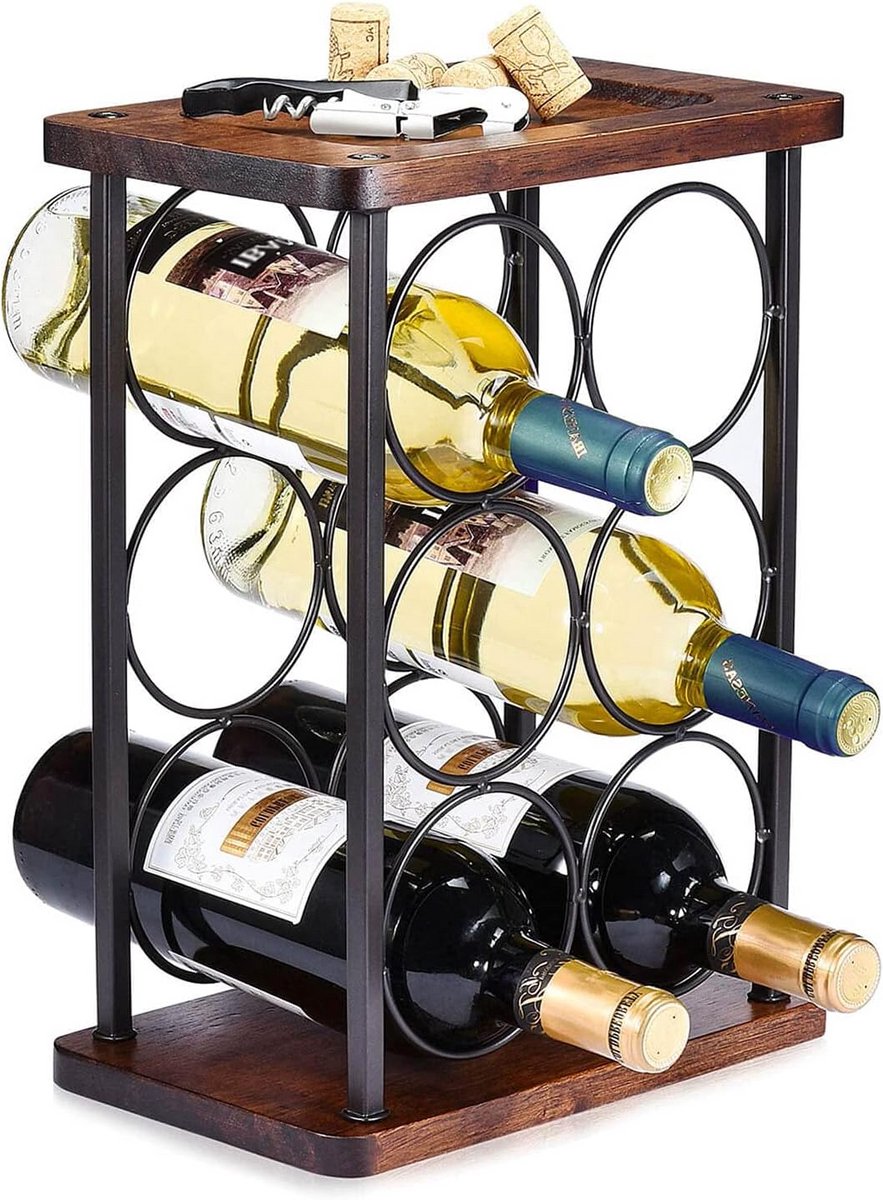 Vrijstaand Houten Wijnrek voor 6 Flessen - Decoratief Opbergrek voor Keuken en Bar