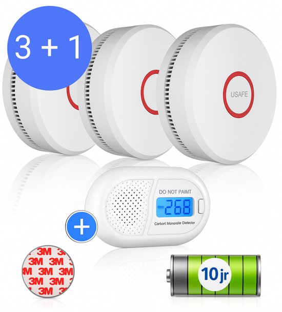 USAFE® Rookmelder set van 3 en Koolmonoxidemelder - Rookmelders met 10 jaar batterij - CO2 melder en Brandmelder met Magneetmontage