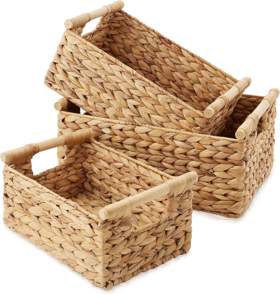 Set van 3 Rechthoekige Opbergmanden van Waterhyacint met Houten Handgrepen