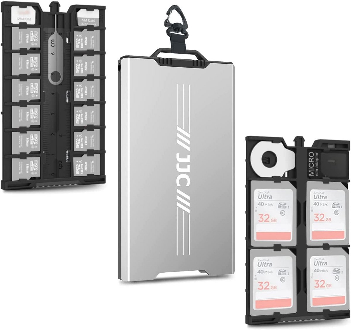 Compacte Geheugenkaart Opberghoes voor 12 Micro SD, 4 SD en 2 Nano SIM Kaarten met Karabijnhaak