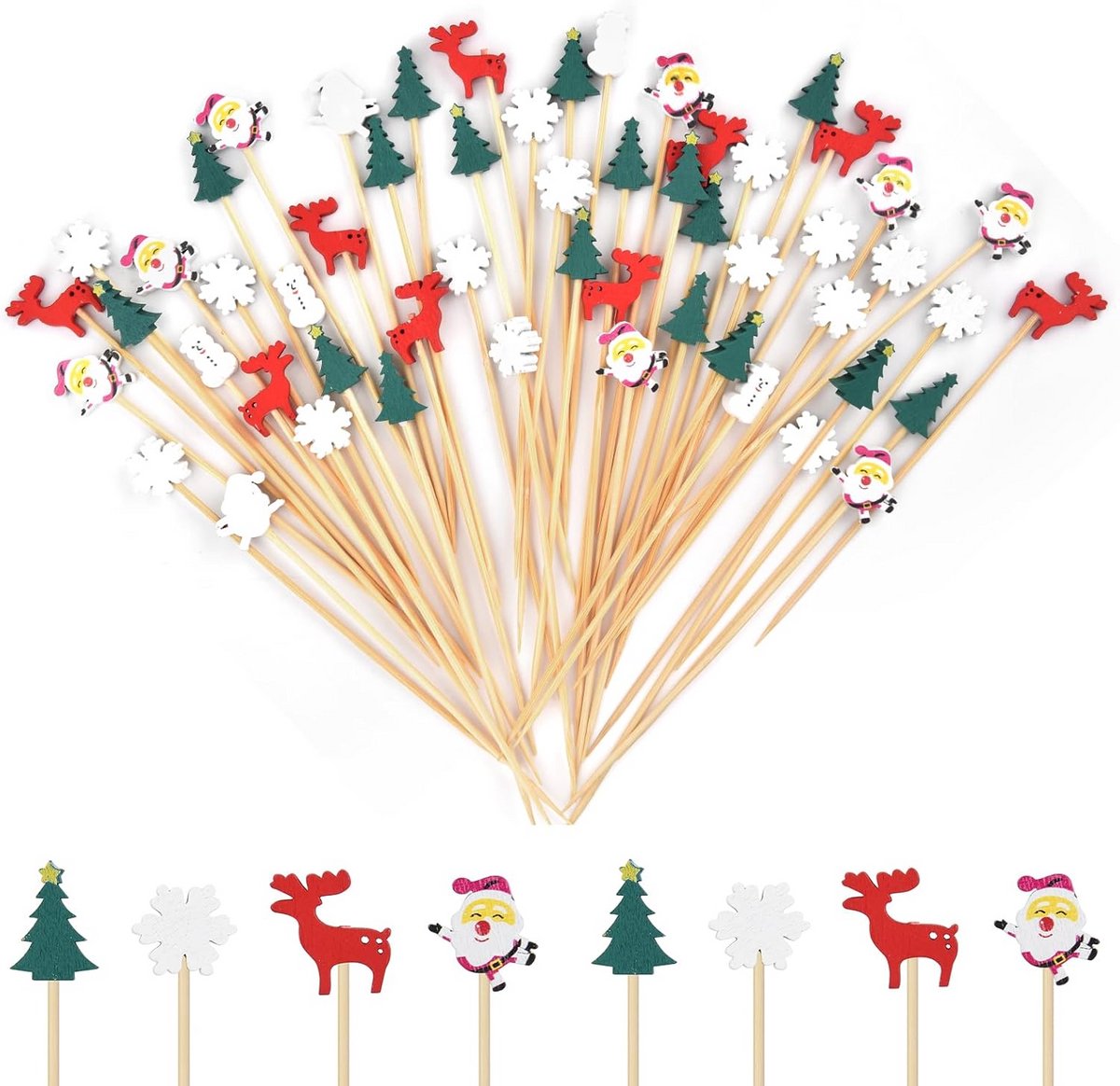 100 Bamboe Cocktailprikkers met Kerstmotieven - Ideaal voor Hapjes en Decoratie