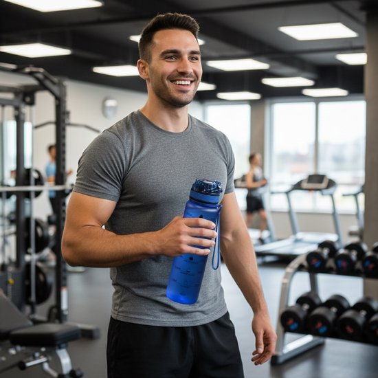 Blauwe waterfles met tijdmarkeringen, gehouden door een man in een sportschool.