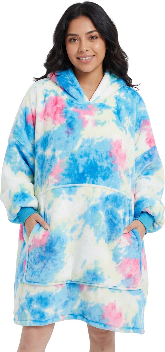 JAXY - Hoodie Deken - Snuggle Hoodie - Fleece Deken Met Mouwen - Snuggle - Cuddle Hoodie - 1450 Gram - Tie-Dye Cyan