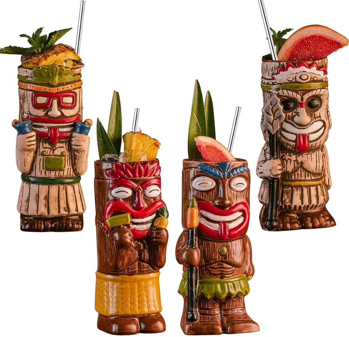 Set van 4 Keramische Tiki Cocktail Mokken - Exotische Drankglazen voor Feestjes
