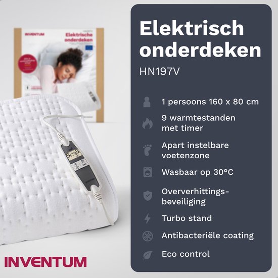 Inventum HN197V elektrische onderdeken 160x80 cm - Eenpersoons - 9 warmtestanden - Aparte voetzone - Anti allergie - Antibacterieel - Warmtedeken - Extra snel warm - Uitwasbaar - Automatische uitschakeling - Oververhittingsbeveiliging - Fleece - Wit