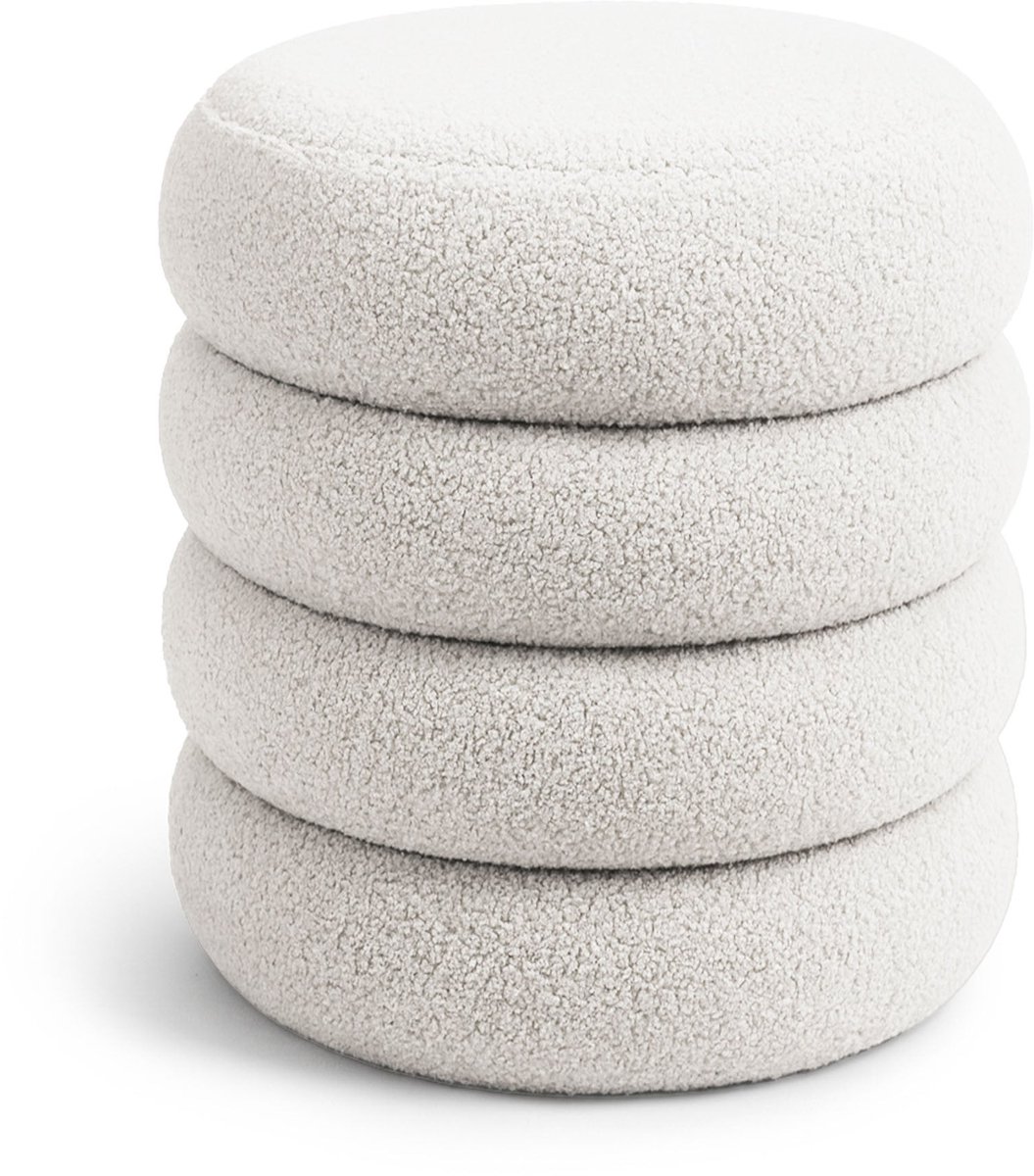 Pouf van Teddy Stof met Opbergruimte SNUGGO 42 cm / Gestoffeerde Poef / Ronde Poef / Woonkamerstoel / Opbergkruk Wonen / Nevelwit