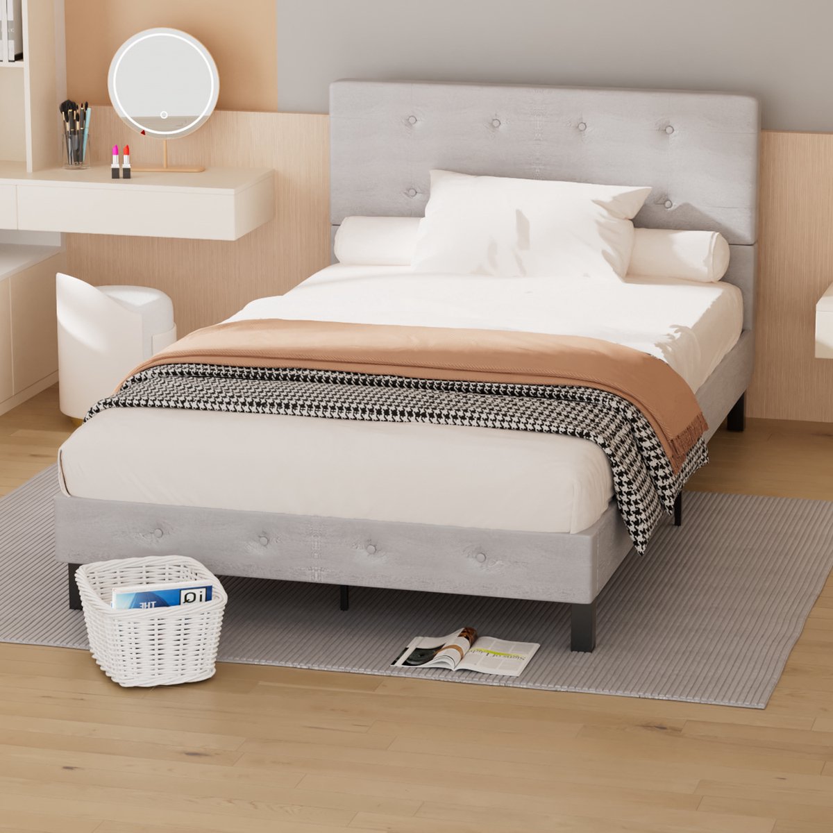 Gestoffeerd bed 140x200 cm met opbergruimte - Inclusief lattenbodem en zacht grijs hoofdeinde, ideaal voor kleine slaapkamers