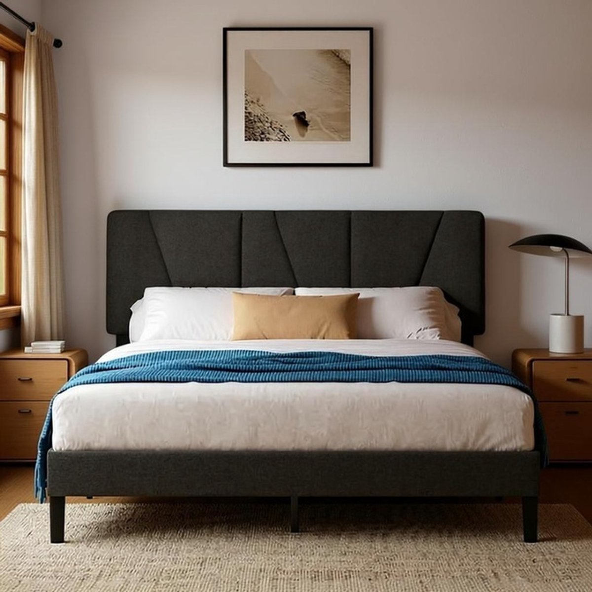 Bedframe 140x200 Met Hoofdbord – Luxe Gestoffeerd Bed Met Houten Lattenbodem, Stevig Metalen Frame, 30 cm Hoog – Modern Donkergrijs Design – House&Garden