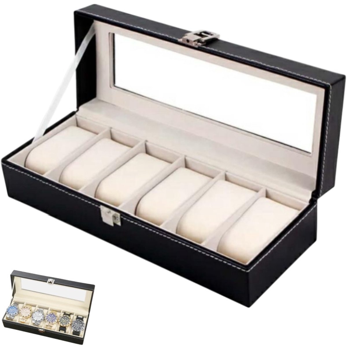 Horlogedoos - Horlogedisplaydoos - Sieradendoos - Opbergdoos - Horlogedoos met 6 vakken - Geschikt voor het opbergen en tentoonstellen van horloges en sieraden - Zwart - 30*11*8 cm