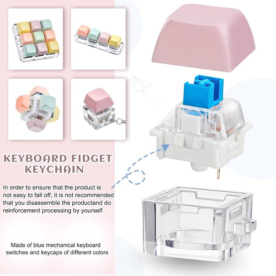 Blauwe mechanische toetsenbord switches met een roze keycap en een transparante kubus.