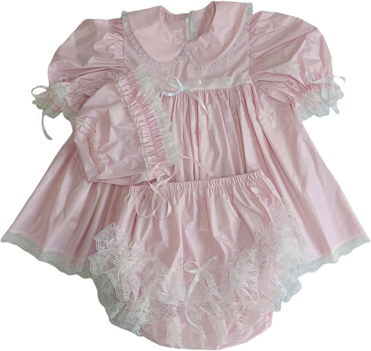 Roze PVC Volwassen Sissy Stijl Jurk Set met Bonnet en Bloeiers