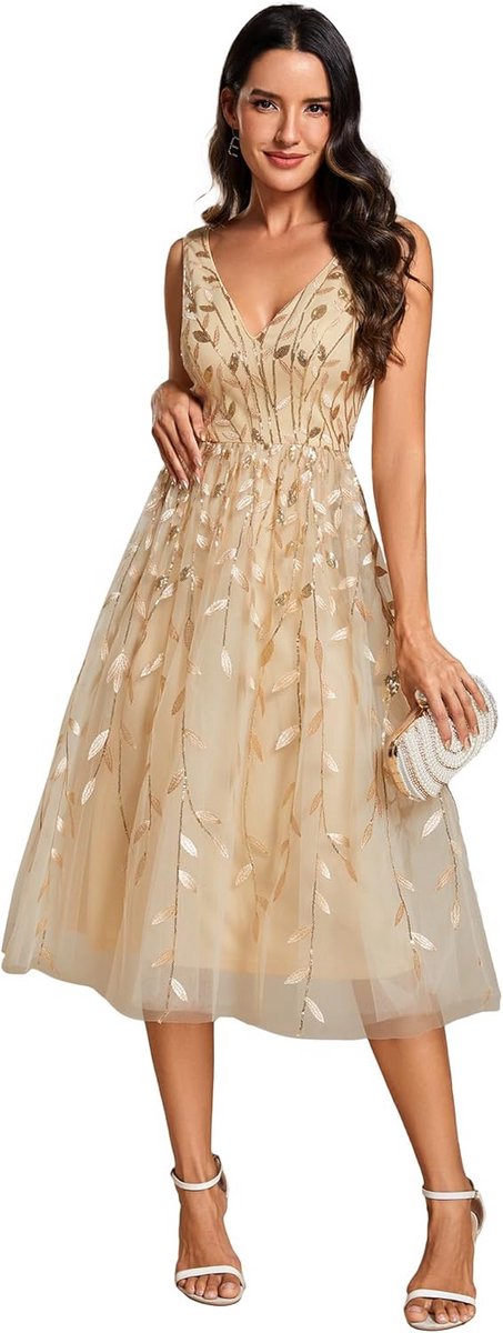 Elegante V-hals Pailletten Jurk met Bladmotief voor Dames - Geschikt voor Feest en Ceremonie