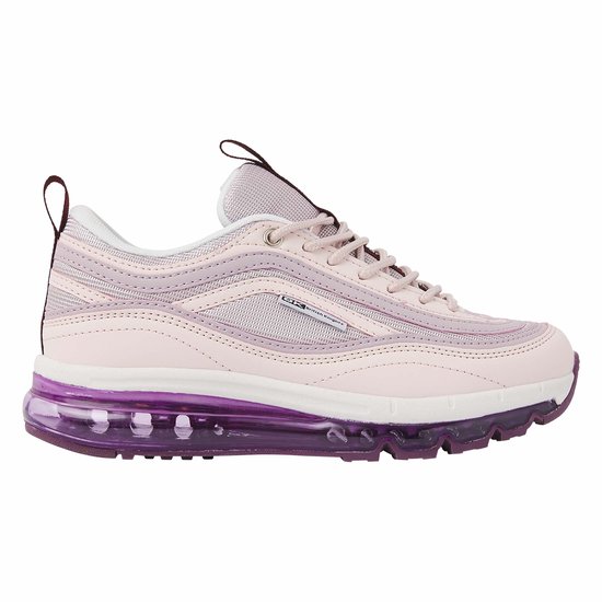 Roze sneaker met paarse luchtdemping, paarse accenten en bordeauxrode lussen.