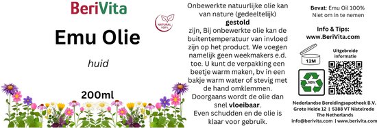 Label van B vitamins Emu olie, 200ml, met ingrediënten, gebruikstips en bloemenrand.