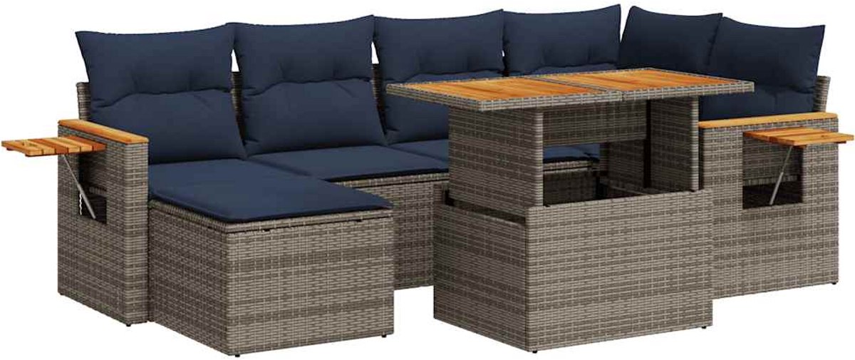 vidaXL 7-delige - Loungeset - met - kussens - poly - rattan - acacia - zwart grijs