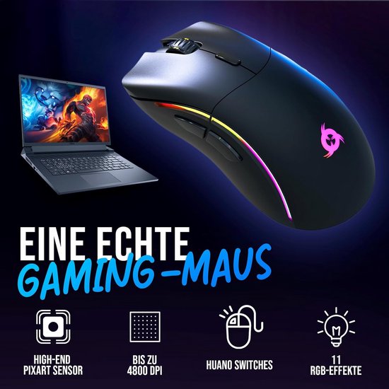 Zwarte gamingmuis met roze en gele accenten en een gedetailleerde laptop met gameafbeelding.