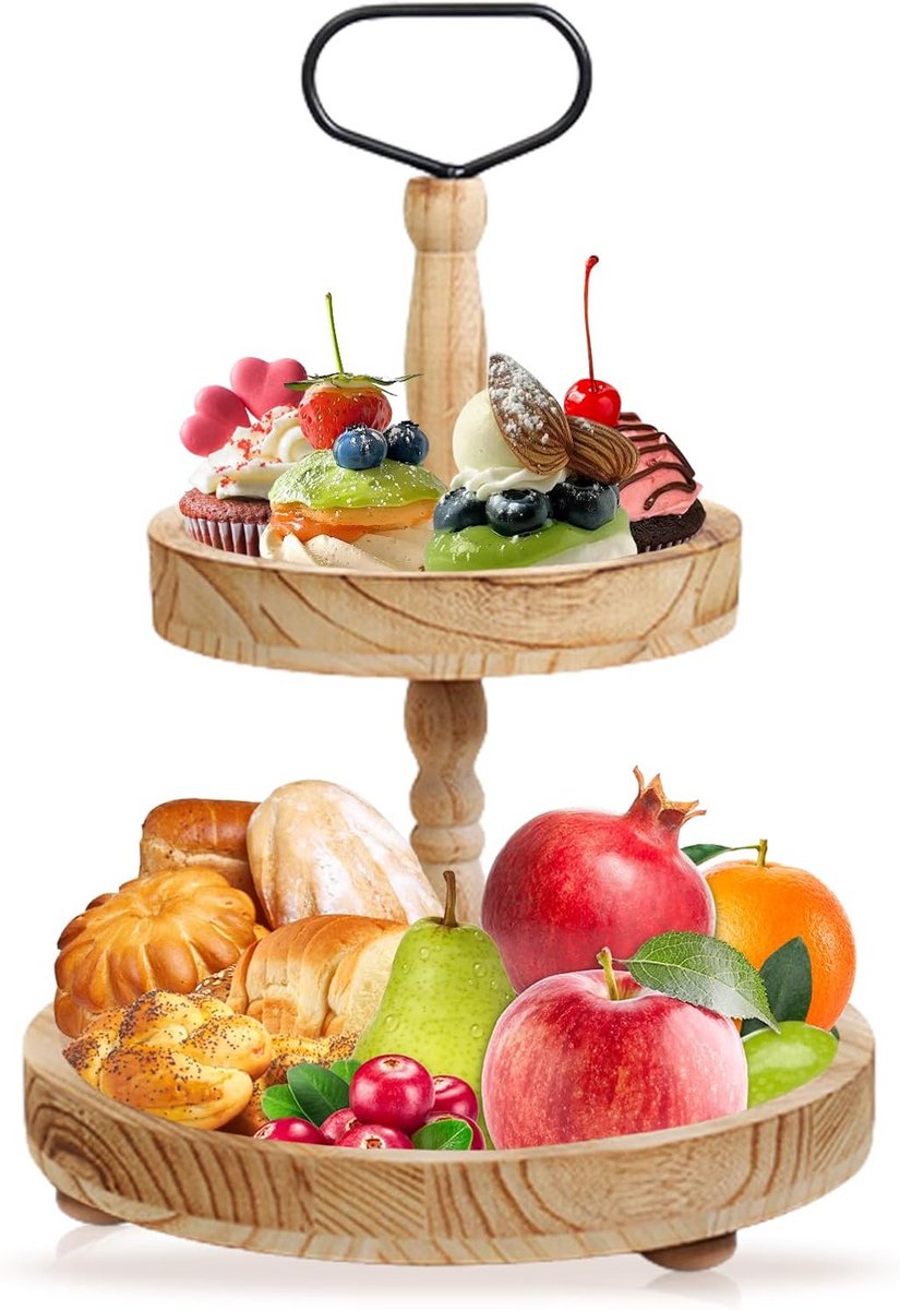Houten Etagère met 2 Etages voor Taart, Cupcakes en Fruit - Decoratief Dienblad