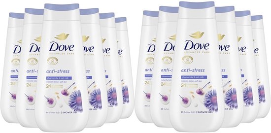 Twaalf flessen Dove Advanced Care Anti-Stress douchegel met kamille & havermelk, met witte flessen en paarse dop.
