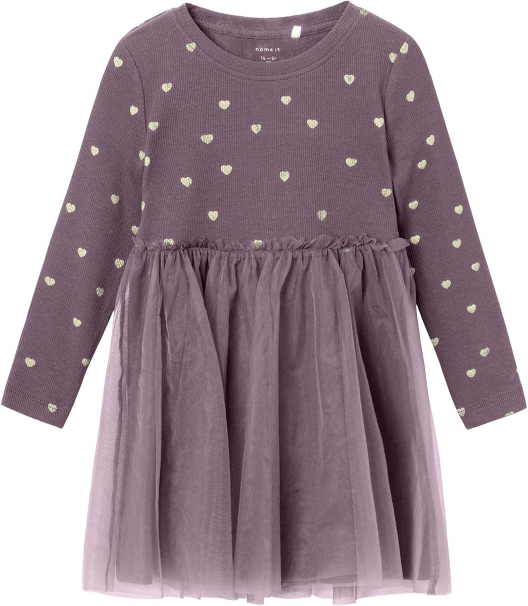 Meisjes Jurk met Lange Mouwen en Glitterprint | Comfortabele Jersey Jurk met Tule Detail