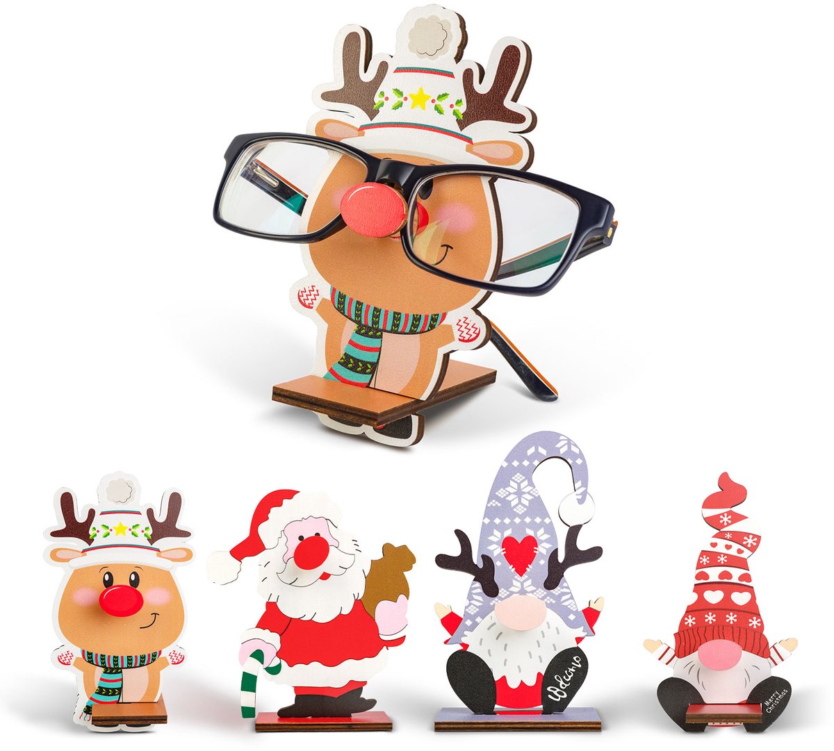 Kerst brillenhouder van hout – Tafeldecoratie 14 x 10 cm – Kerstman, rendier, elf of sneeuwpop design (willekeurig) 1 Stuks [59738]
