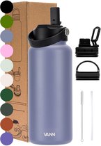 VANN® 3-Wandige Drinkfles 1 liter met rietje voor volwassenen – Met 5 accessoires + 25 recepten – Thermosfles – 24 uur koud/12 uur warm – Grijspaars