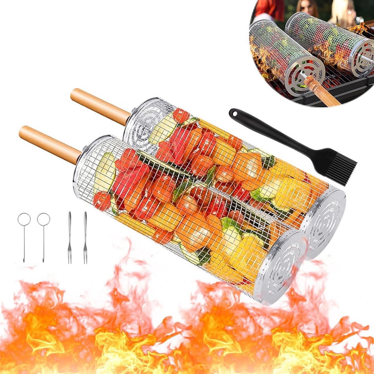 2x Roterende BBQ Grillmand Set - Roestvrijstalen Accessoires voor Groenten en Vlees
