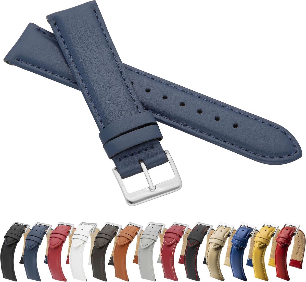 Horlogeband Glad Echt Leer Blauw 16mm - Universele Armband voor Horloges