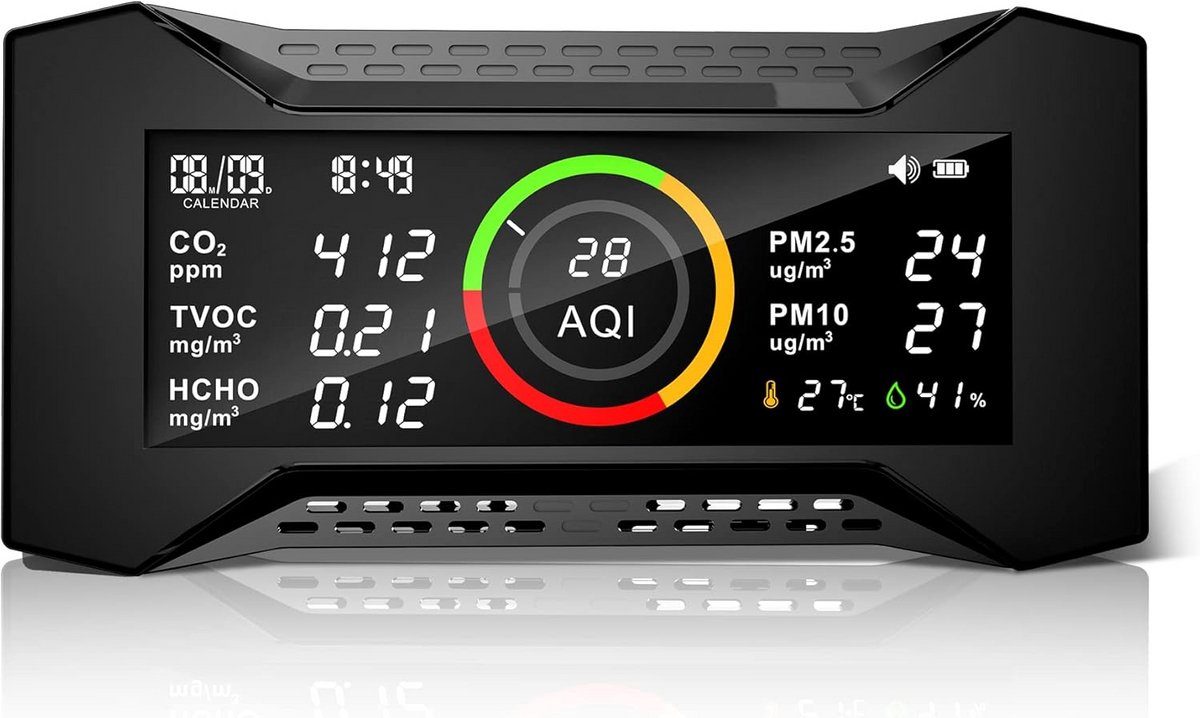 Luchtkwaliteitsmeter CO2 TVOC PM2.5 PM10 HCHO Temperatuur Vochtigheid