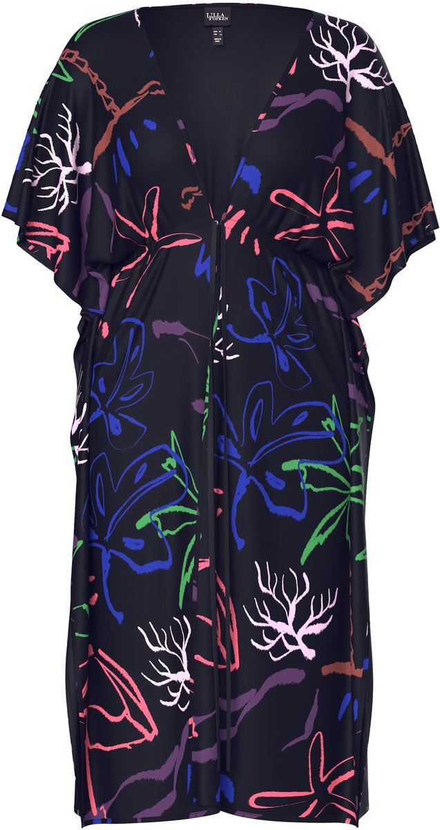 Ulla Popken Dames - Kaftan strandmotief V-hals korte mouw - Zwart - Maat 1+