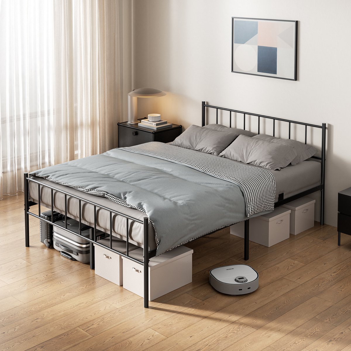 CECIPA KUTAS Metalen Bed 140x200 cm - Minimalistisch Tweepersoonsbed - Heavy Duty Bedframe - Stevig - Stil - Anti Slip - Grote Opbergruimte - Met Hoofdeinde en lattenbodem - Schroefloze Montage - Zwart