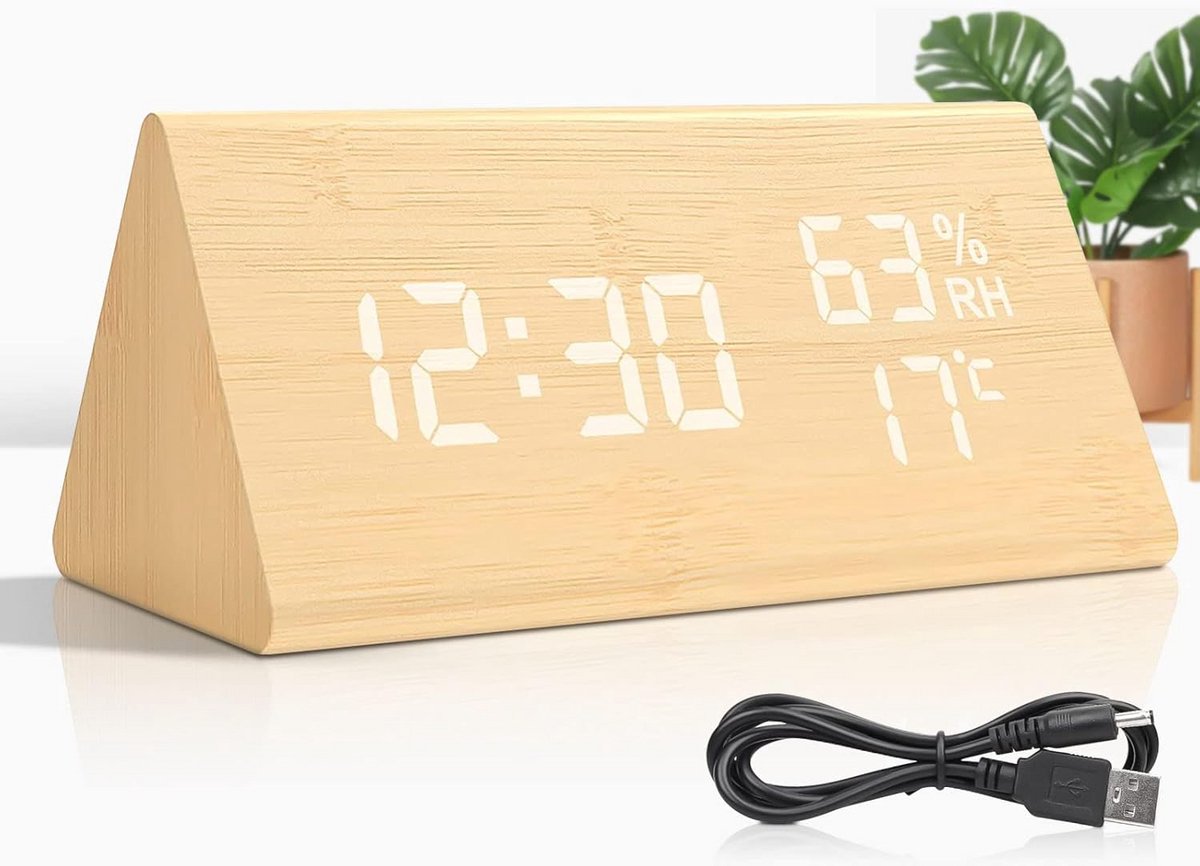 Digitale Houten Wekker met LED Display: Tijd, Temperatuur en 3 Alarmen
