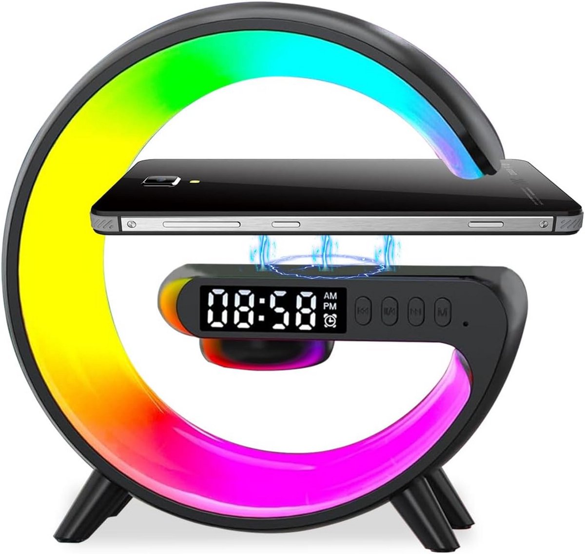 Draadloze Oplader met Bluetooth Speaker, Bedlamp en Wekker - Sfeerverlichting