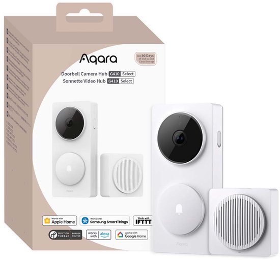 Aqara deurbelcamera G410 Select en Sonnette Video Hub in wit, in de verpakking.