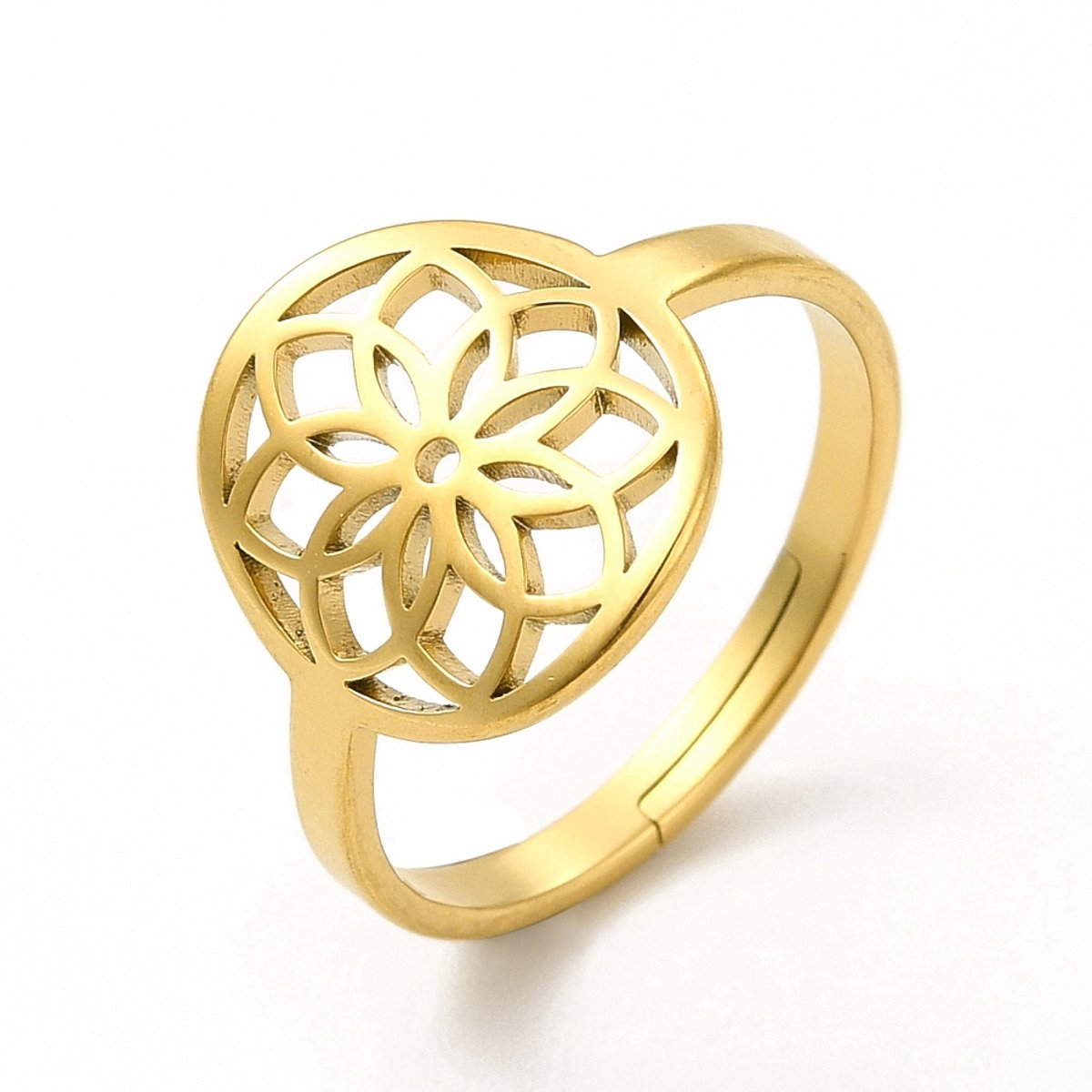 Ring stainless steel mandala bohemian, one size ring, goudkleurig, 100% waterproof, verstelbare ring, cadeau