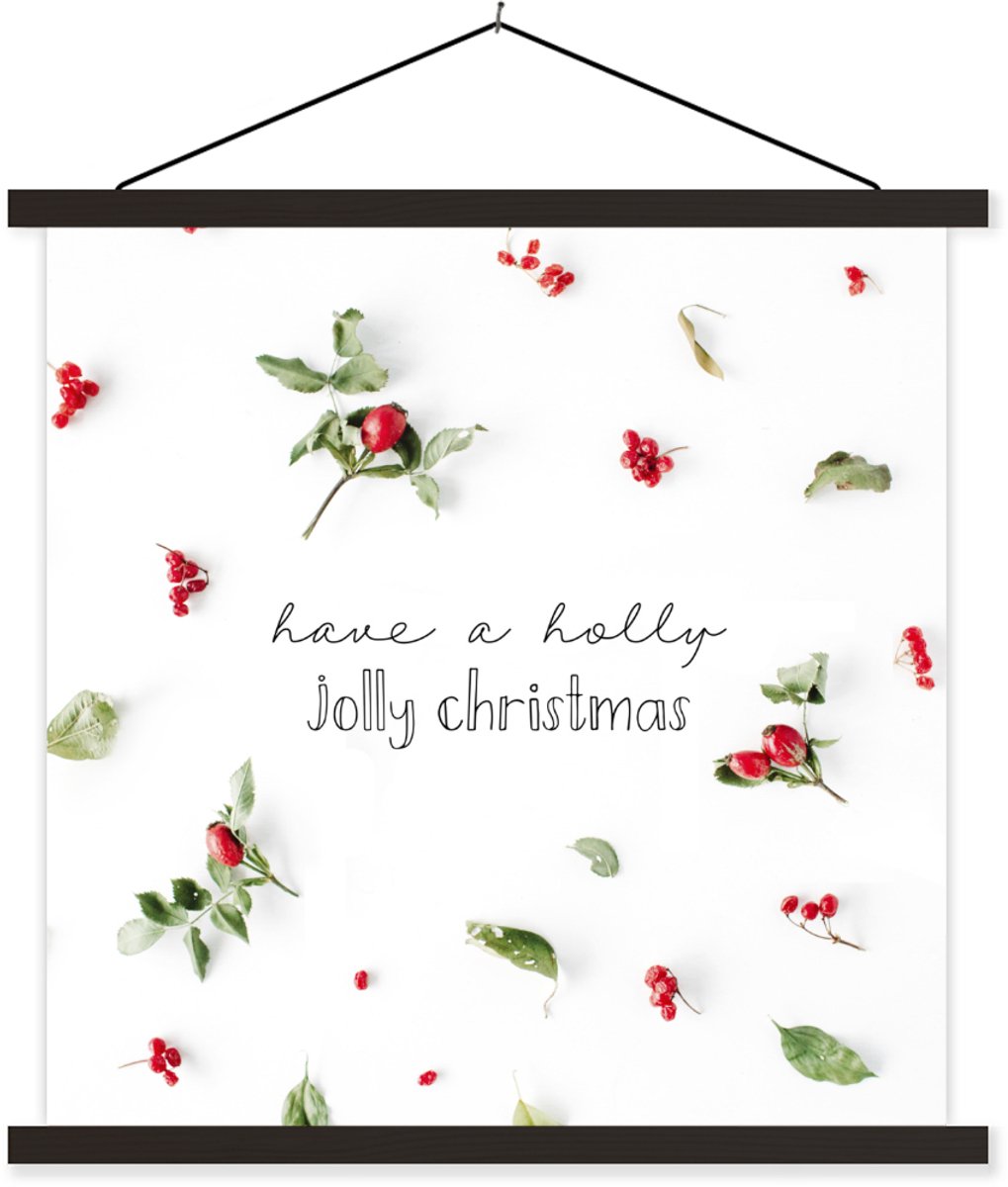 Posterhanger incl. Poster 90x90 cm - Schoolplaat - Kerst - Bessen - Planten - Textielposter - Zwarte latten