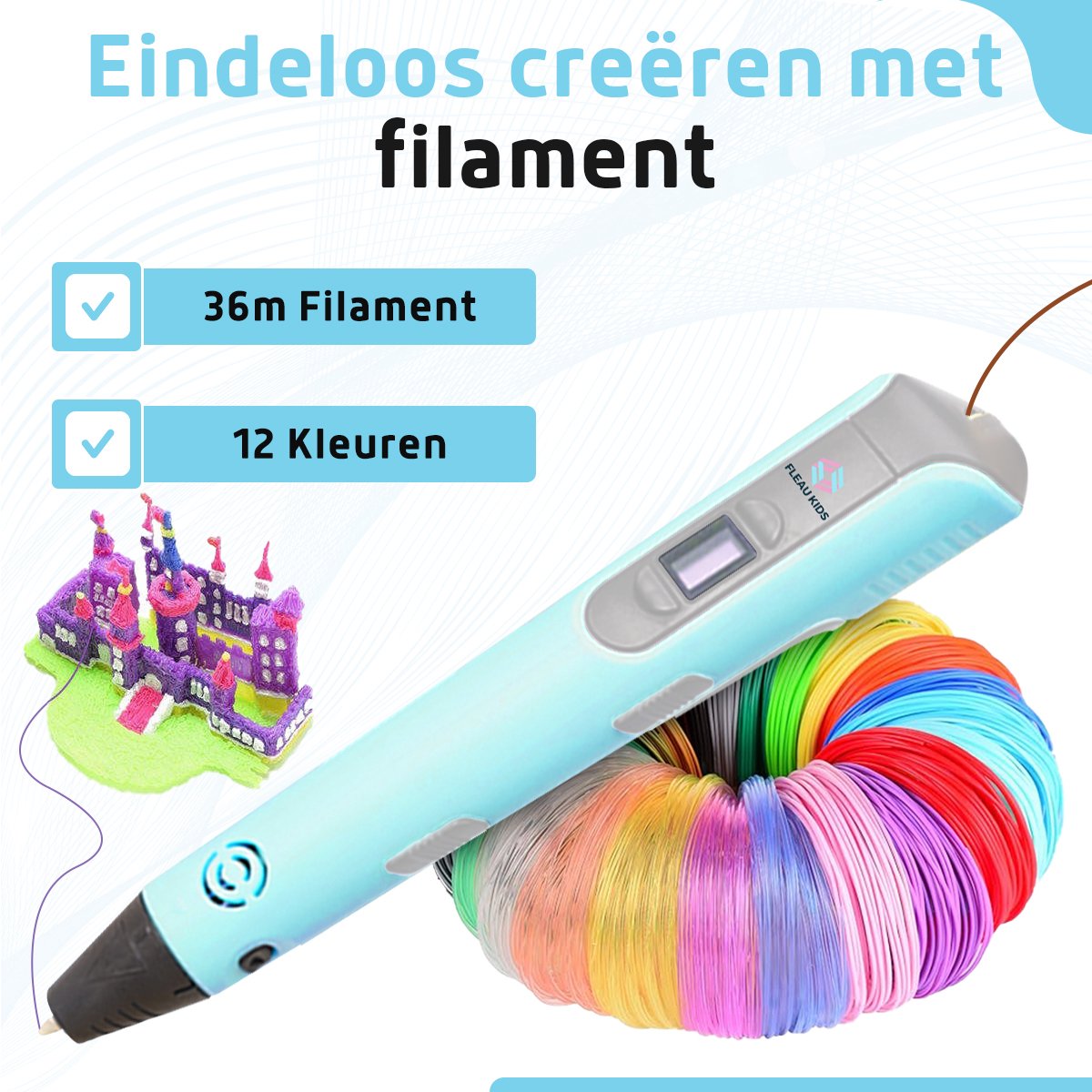 Fleau Kids 3D Pen Starterspakket Blauw L - 36m Filament - 12 Kleuren Vullingen + Vele Extra's - 2025 USB-C Model - Knutselen en Tekenen - 3D Printen - Tekenset — afbeelding 7