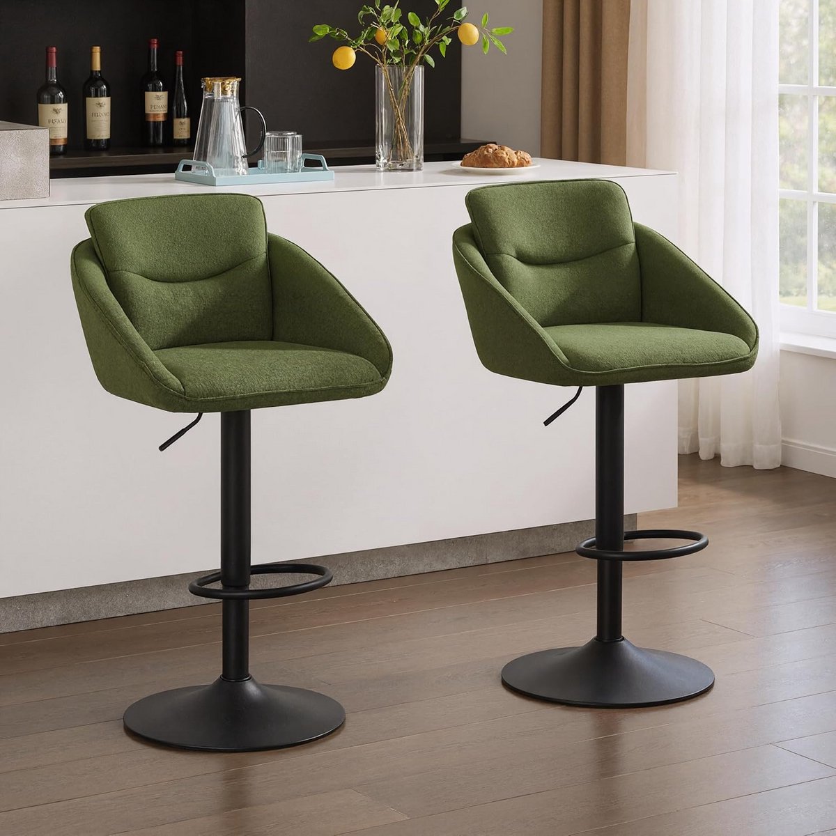 Set van 2 Linnen Barstoelen - Hoge, Verstelbare, Draaibare Keukenkrukken - Groene Stijl