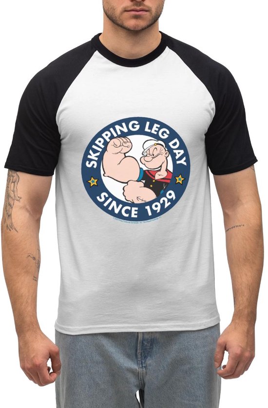 Popeye Skipping Leg Day Since 1929 Heren Baseball Shirt Korte Mouw