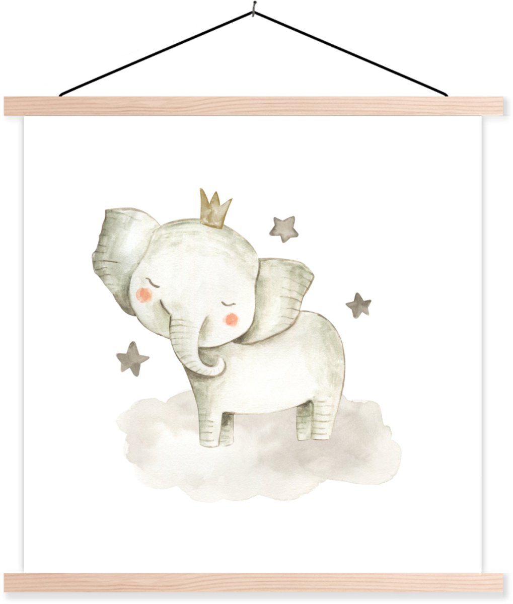 Posterhanger incl. Poster 60x60 cm - Schoolplaat - Jungle - Olifant - Kroon - Textielposter - Blanke latten