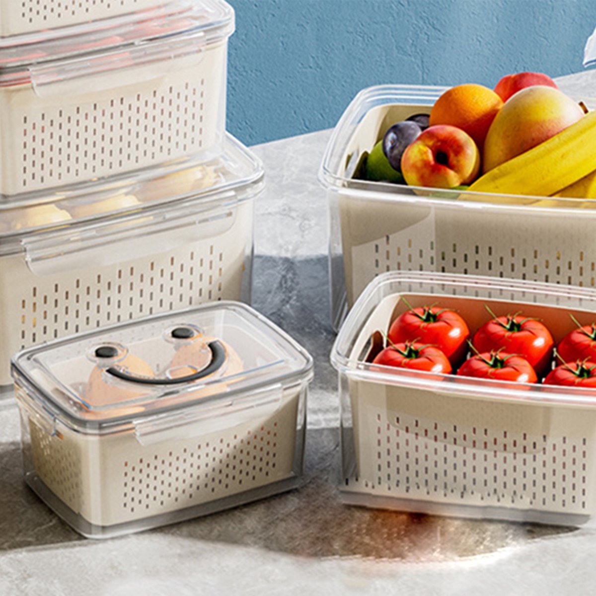 CHIWIN Voedselbewaarcontainer - 3 delig Bewaarbakken Set - 2.5L Koelkast Organizer - Transparant - Met Opbergdoos en Vergiet - Geschikt voor Koelkast & Vriezer