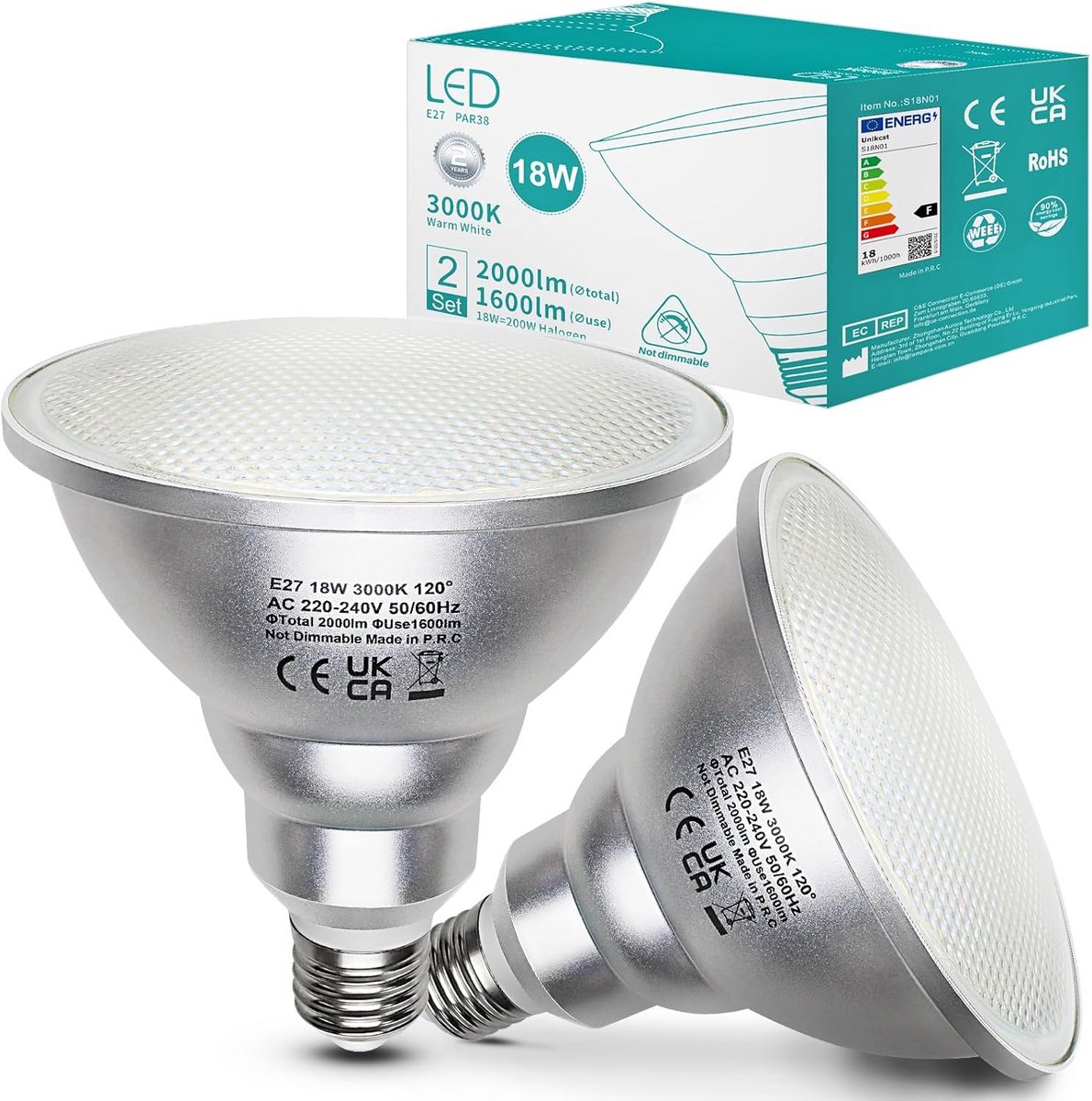 LED-lampen E27 18W warm wit 3000K Par38 - vervangt 180W halogeenlamp