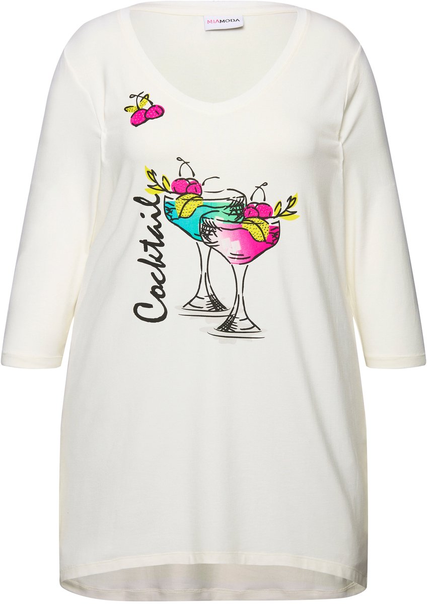 MIAMODA - Dames - T-shirt A-lijn cocktail-motief 3/4-mouwen - Sneeuwwit - Maat 48