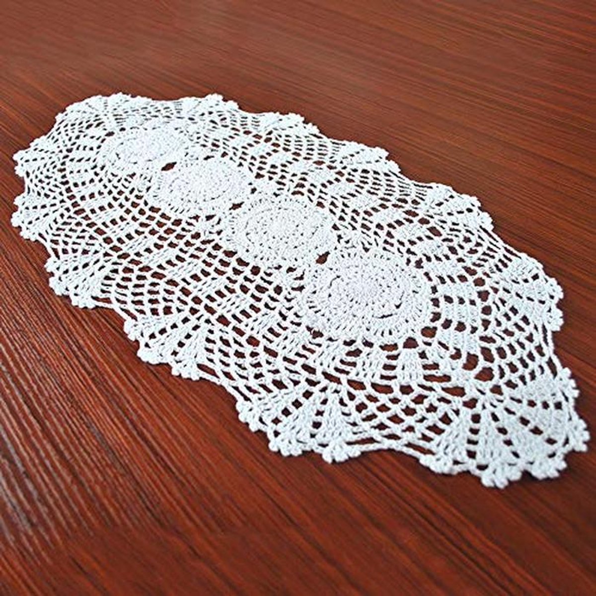 Vintage Handgehaakte Tafelloper Ovaal Katoen 30x70cm Wit
