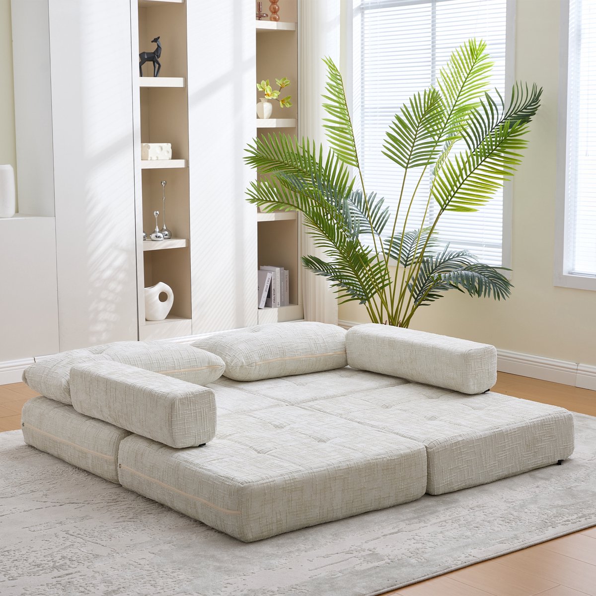 OKWISH Klapbare Slaapbank - 1-Zits Slaapbank Met Hoofd- En Lendenkussens & Schuim - Ruimtebesparend - Voor Woonkamer/Slaapkamer - Chenille - Beige